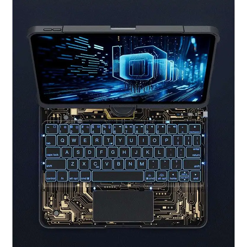 Black and gold transparent rotating keyboard laptop with illuminated blue backlighting and pen slot for rotating ipad keyboard