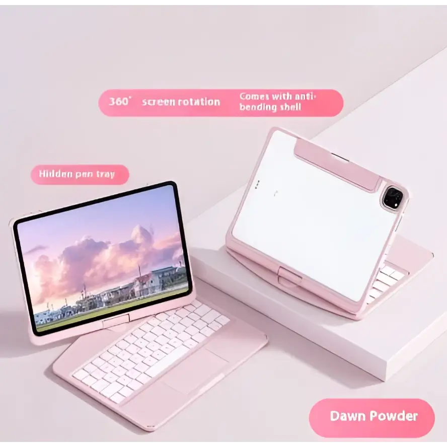 Pink dawn powder transparent rotating keyboard case with pen slot and 360-degree screen rotation for iPad