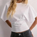 White cotton ins fashion round neck cropped top with summer batwing sleeve and wide flowing short sleeves