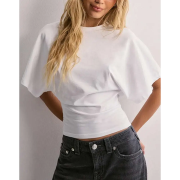 White cotton ins fashion round neck cropped top with puffy short summer batwing sleeve and breathable fabric