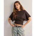Dark brown cropped t-shirt with wide flowing summer batwing sleeve in white cotton ins round neck cropped style
