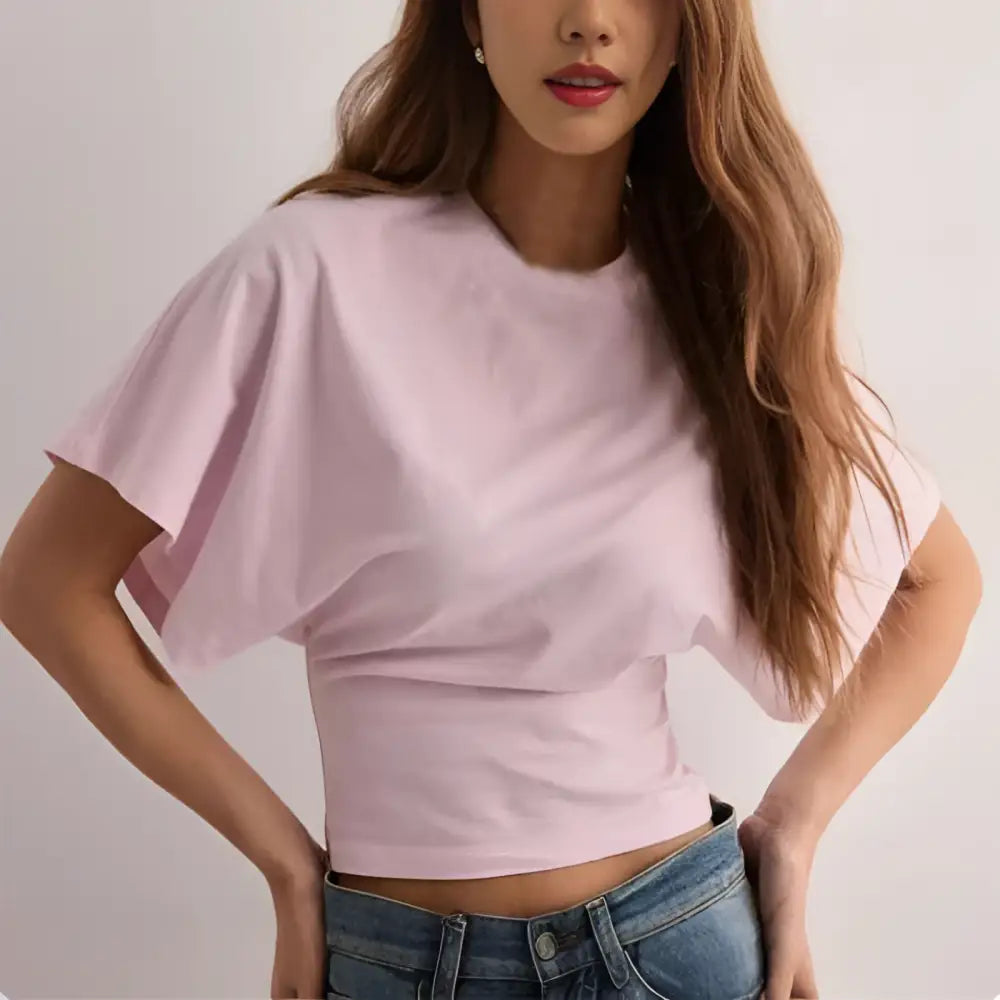A soft pink white cotton ins round neck cropped top with short wide summer batwing sleeve for casual wear