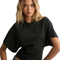 Black loose-fitting short-sleeved top with relaxed fit and ruched fabric for summer batwing sleeve style
