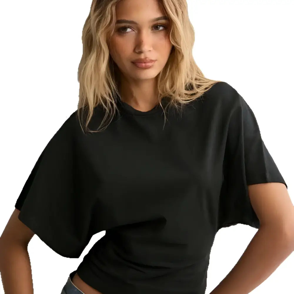 Black loose-fitting short-sleeved top with relaxed fit and ruched fabric for summer batwing sleeve style