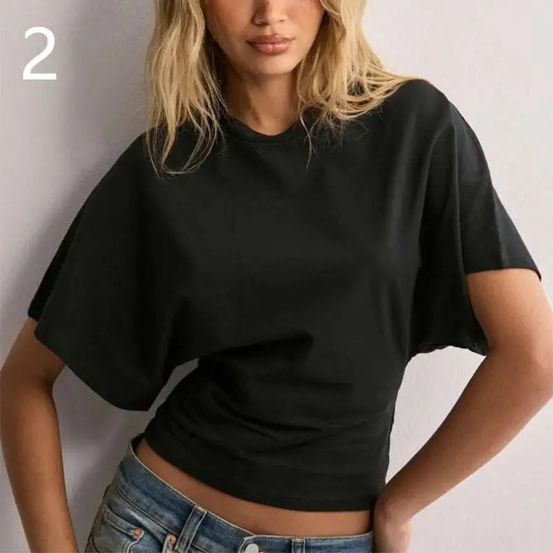 Black cropped t-shirt with wide summer batwing sleeve and relaxed fit styled as white cotton ins round neck cropped top