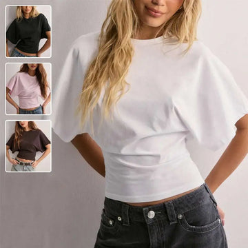 White cotton ins fashion round neck cropped top with puffy short sleeves made of soft cotton fabric