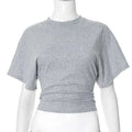 Gray heathered short-sleeved crop top with round neck cropped design and relaxed fit for summer batwing sleeve look