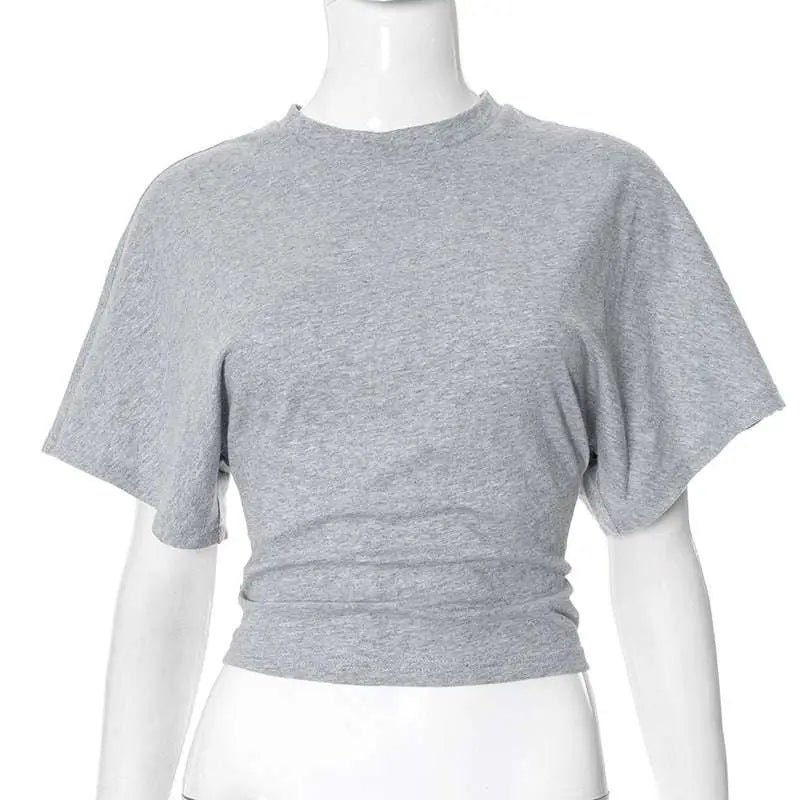 Gray heathered short-sleeved crop top with round neck cropped design and relaxed fit for summer batwing sleeve look
