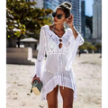 White crochet women swimsuit cover-up dress with long-sleeved openwork diamond and dot patterns and tie-front detail