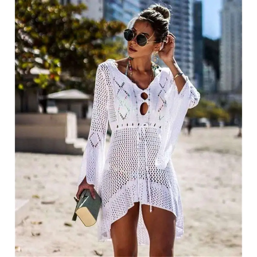 White crochet women swimsuit cover-up dress with long-sleeved openwork diamond and dot patterns and tie-front detail