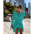 Turquoise long-sleeved crochet women swimsuit cover-up dress with v-neck and keyhole cutouts
