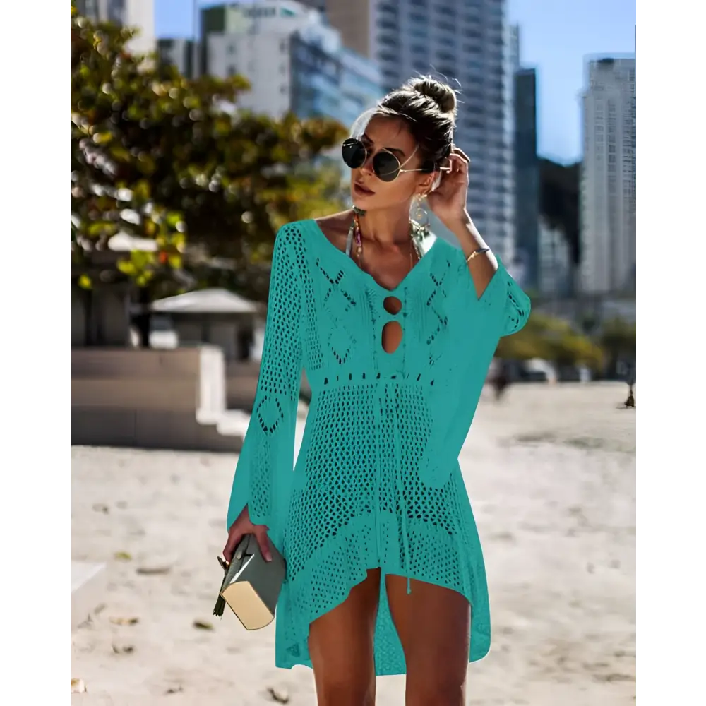 Turquoise long-sleeved crochet women swimsuit cover-up dress with v-neck and keyhole cutouts