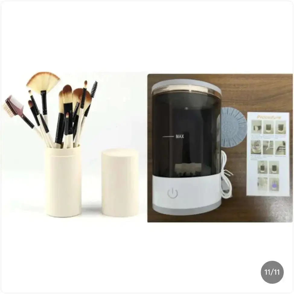 White cylindrical makeup brush cleaner and holder with abs pc tpe construction holding varied brushes at 7000rpm spin speed