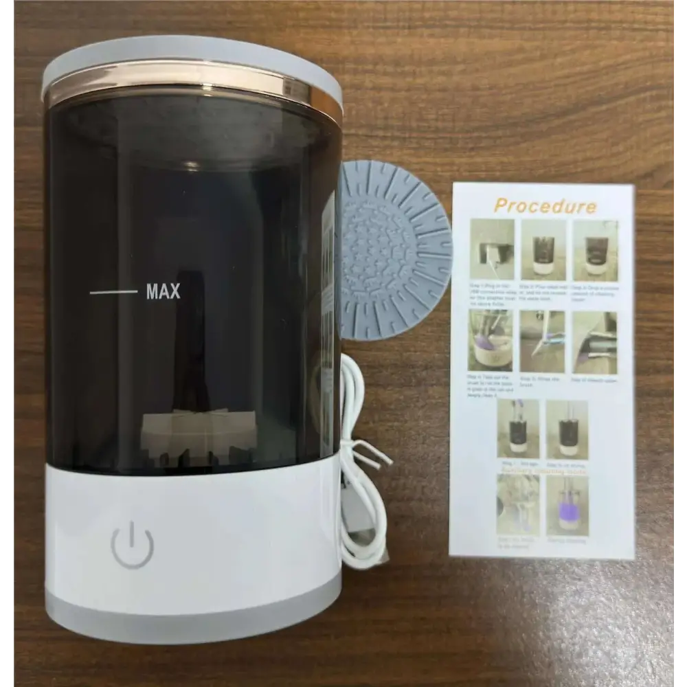 White cylindrical makeup brush cleaner and holder with abs pc tpe body, 7000rpm spin speed, power button, and silicone lid
