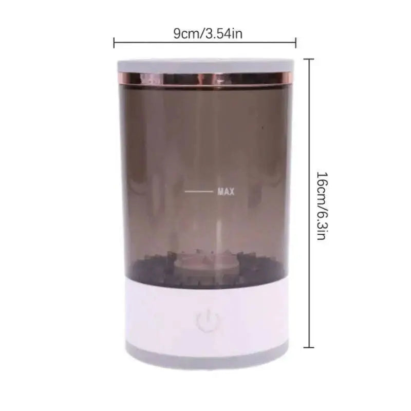 White cylindrical makeup brush cleaner and holder with abs pc tpe construction holding varied brushes at 7000rpm spin speed