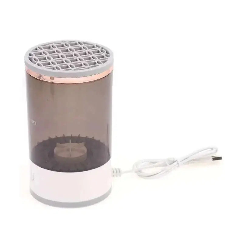 White cylindrical makeup brush cleaner and holder with usb-powered humidifier design featuring abs pc tpe materials and 7000rpm spin speed