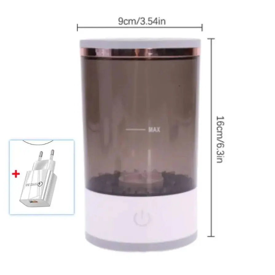 White cylindrical makeup brush cleaner and holder with translucent brown abs pc tpe body and 7000rpm spin speed
