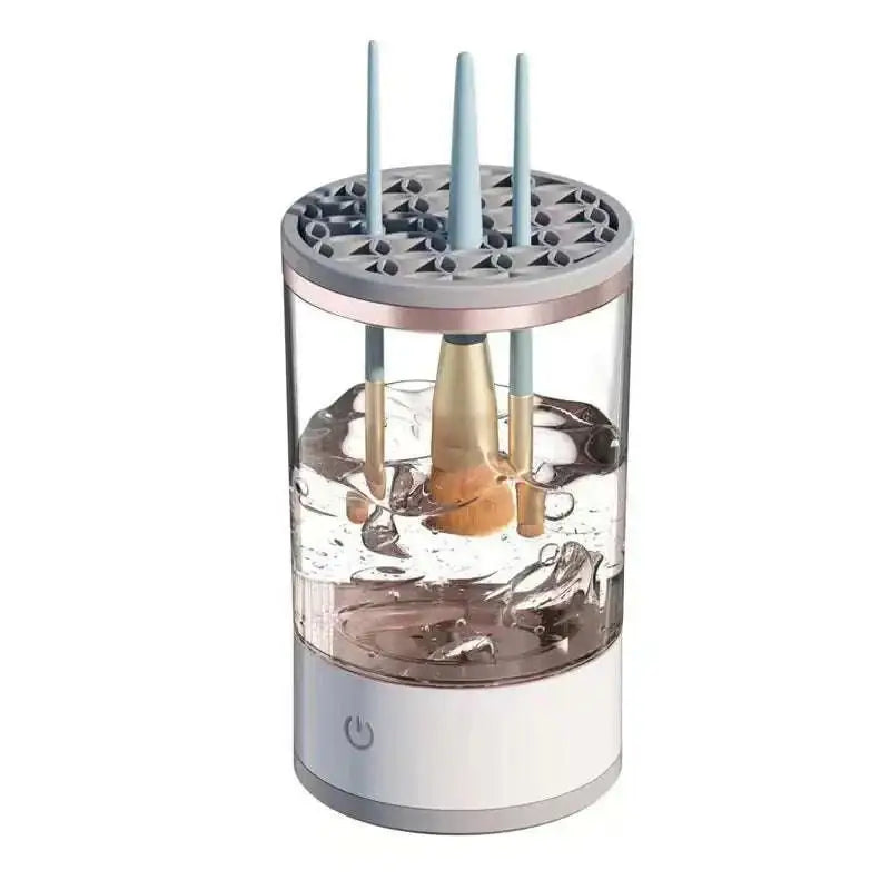 White cylindrical makeup brush cleaner and holder with abs pc tpe construction 7000rpm spin speed and rose gold accents