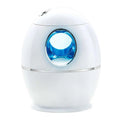 White egg aromatherapy humidifier usb rechargeable with glowing blue circular display and silver accent trim for home use