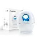 White egg aromatherapy humidifier usb rechargeable with glowing blue display and silver accent band for usb rechargeable home use