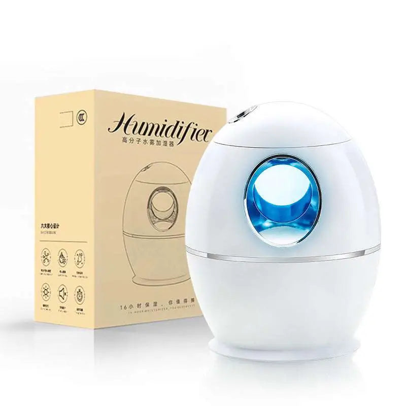 White egg aromatherapy humidifier usb rechargeable with glowing blue circular display for usb rechargeable home use