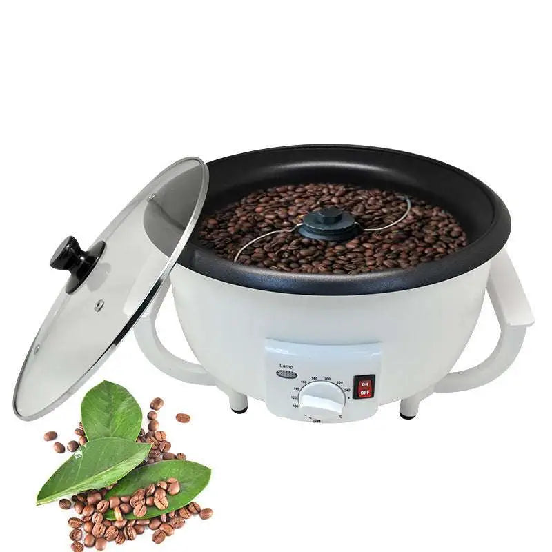 White cukyi brand electric coffee roasting machine with glass lid and black interior for precise coffee roasting