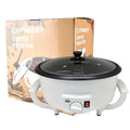 White cukyi brand electric coffee roasting machine with precise roasting features and a black lid and handles