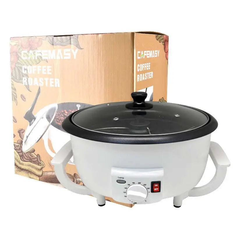 White cukyi brand electric coffee roasting machine with precise roasting features and a black lid and handles