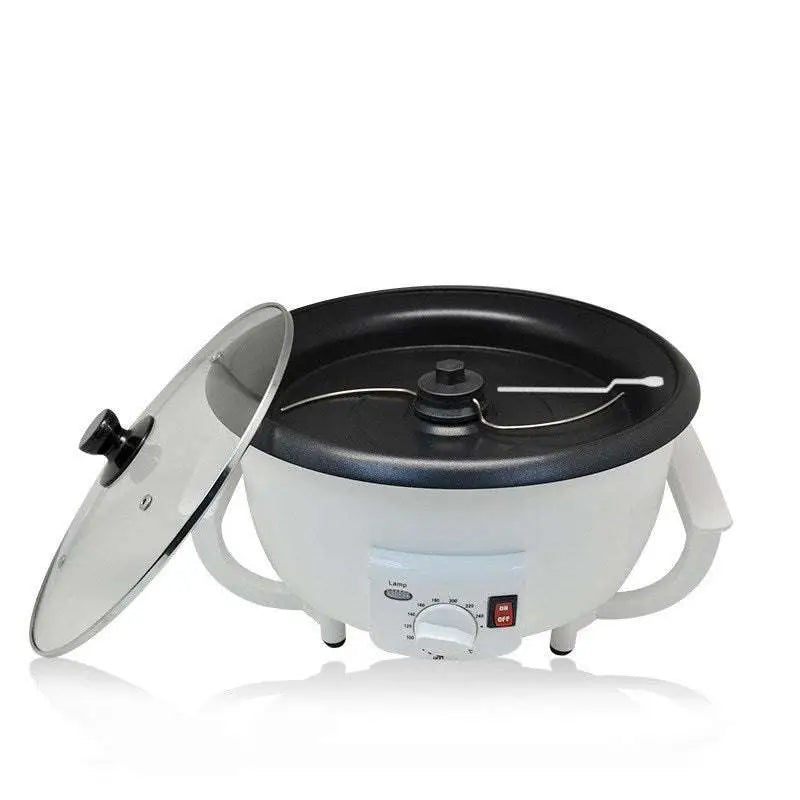 White electric coffee roasting machine with black glass lid and side handles for efficient coffee roasting