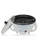 White cukyi brand electric coffee roasting machine with white body black non-stick surface and glass lid for precise coffee roasting