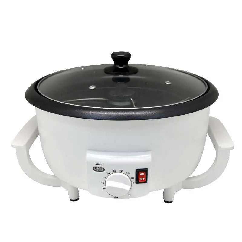 White electric coffee roasting machine with black glass lid and side handles for efficient coffee roasting