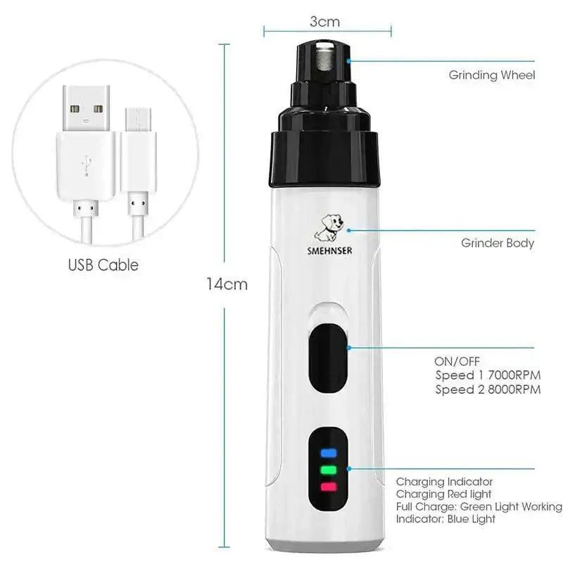 White and black electric dog nail trimmer with precision grinding, dual-speed motor, and rechargeable battery design