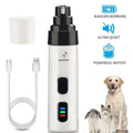 White and black electric dog nail trimmer with three buttons and rechargeable battery featuring precision grinding and usb cable