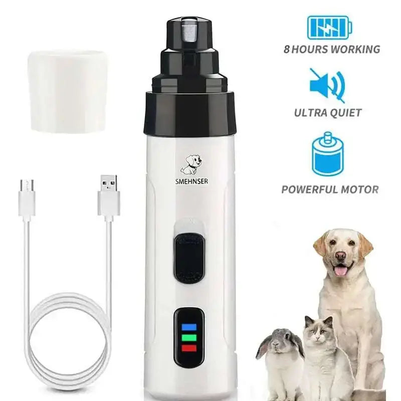 White and black electric dog nail trimmer with three buttons and rechargeable battery featuring precision grinding and usb cable