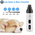 White and black electric dog nail trimmer with rechargeable battery and precision grinding featuring three button controls and digital display