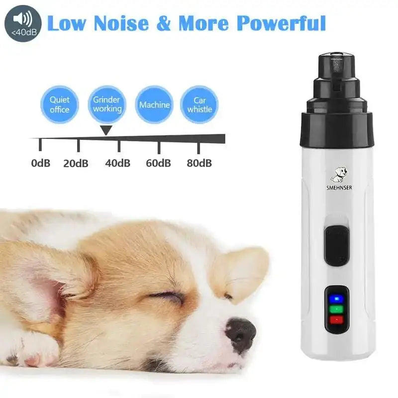 White and black electric dog nail trimmer with rechargeable battery and precision grinding featuring three button controls and digital display