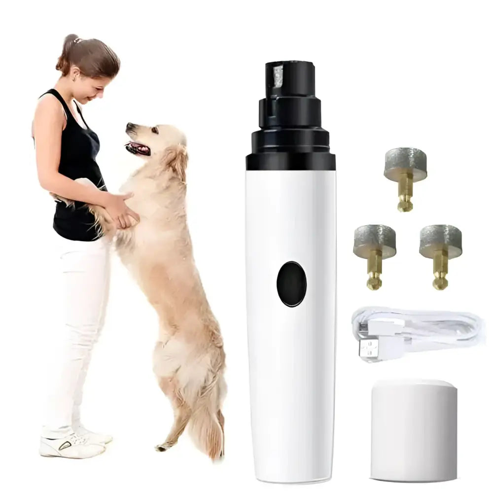 White electric dog nail trimmer with precision grinding, black top, three buttons, rechargeable battery, and grinding bits