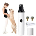 White electric dog nail trimmer with precision grinding black top and two interchangeable bits rechargeable battery