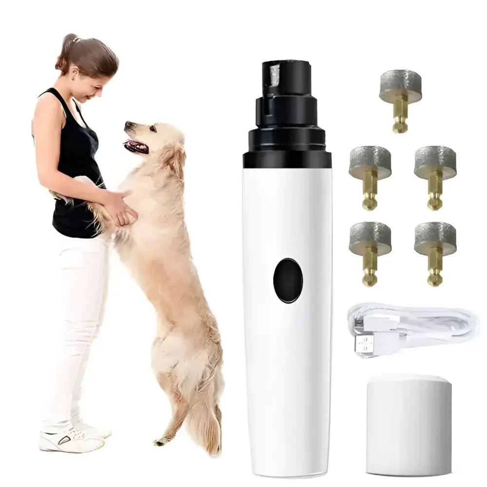 White electric dog nail trimmer with three buttons, black accents, precision grinding bits, and rechargeable battery