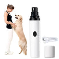 White electric dog nail trimmer with three buttons features precision grinding rechargeable battery and usb charging cable