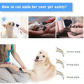 Red-handled pet nail clippers with black metal blades trimming dog nails alongside white electric dog nail trimmer with rechargeable battery and precision grinding
