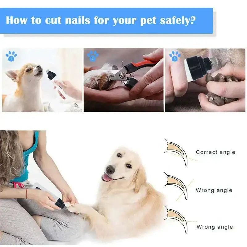 Red-handled pet nail clippers with black metal blades trimming dog nails alongside white electric dog nail trimmer with rechargeable battery and precision grinding