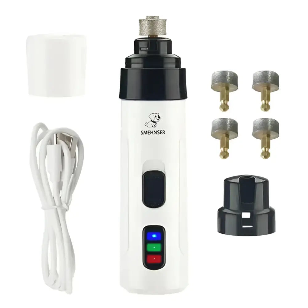 White electric dog nail trimmer with three buttons featuring precision grinding bits and rechargeable battery design