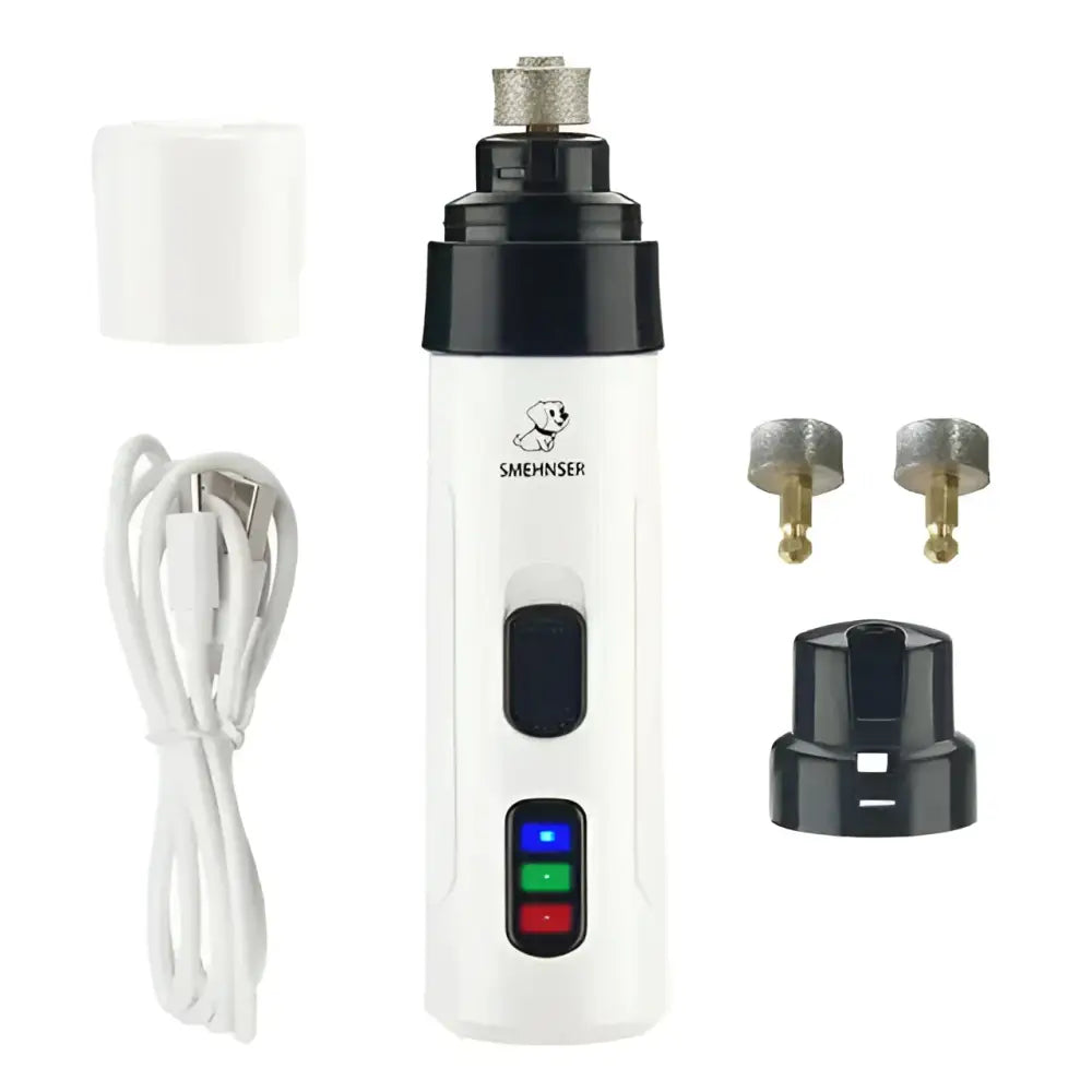 White smehnser electric dog nail trimmer with black accents precision grinding and rechargeable battery with three buttons