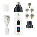 White electric dog nail trimmer with three buttons featuring precision grinding bits and rechargeable battery design