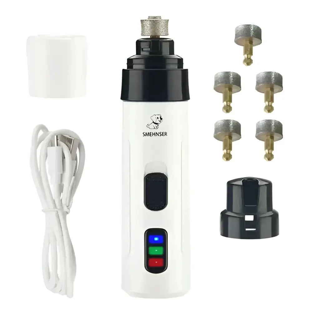 White electric dog nail trimmer with three buttons featuring precision grinding bits and rechargeable battery design