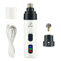 White electric dog nail trimmer with precision grinding, three-button control, black accents, and rechargeable battery
