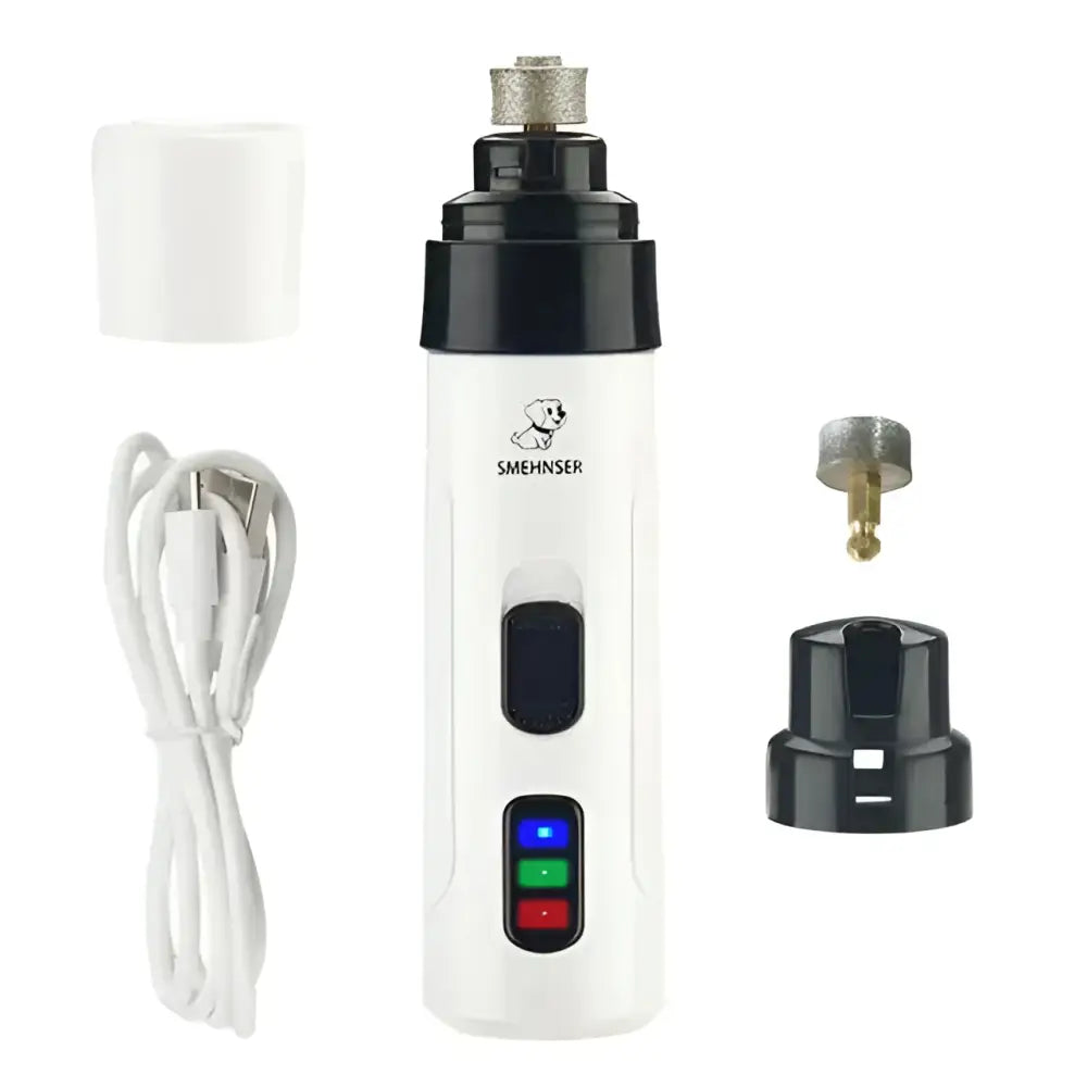 White electric dog nail trimmer with precision grinding, three-button control, black accents, and rechargeable battery