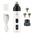 White electric dog nail trimmer with three buttons, precision grinding, rechargeable battery, and interchangeable bits