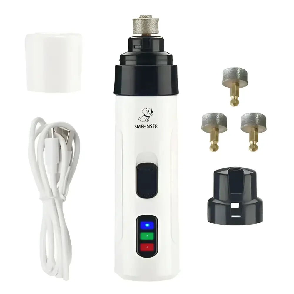 White electric dog nail trimmer with three buttons, precision grinding, rechargeable battery, and interchangeable bits